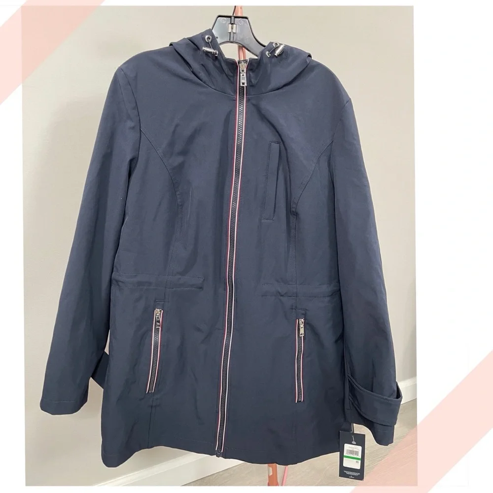 NWT Tommy Hilfiger womens Iconic Sporty Hooded Soft Shell Rain Jacket NAVY - Picture 3 of 4